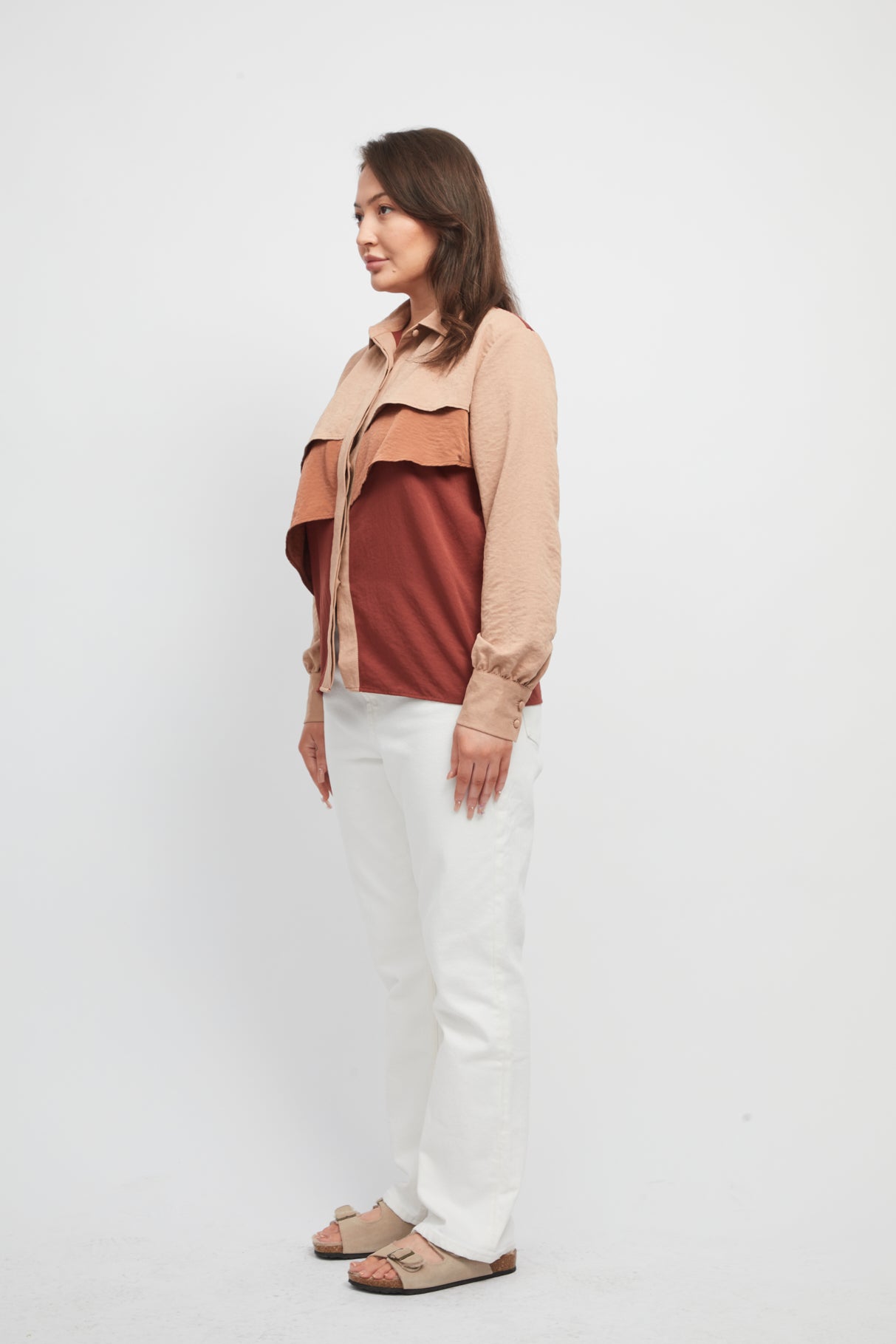 Khaki, Cinnamon, Caramel Gradient Color Block Long Sleeve Shirt with Double-Layer Ruffle Front Detail