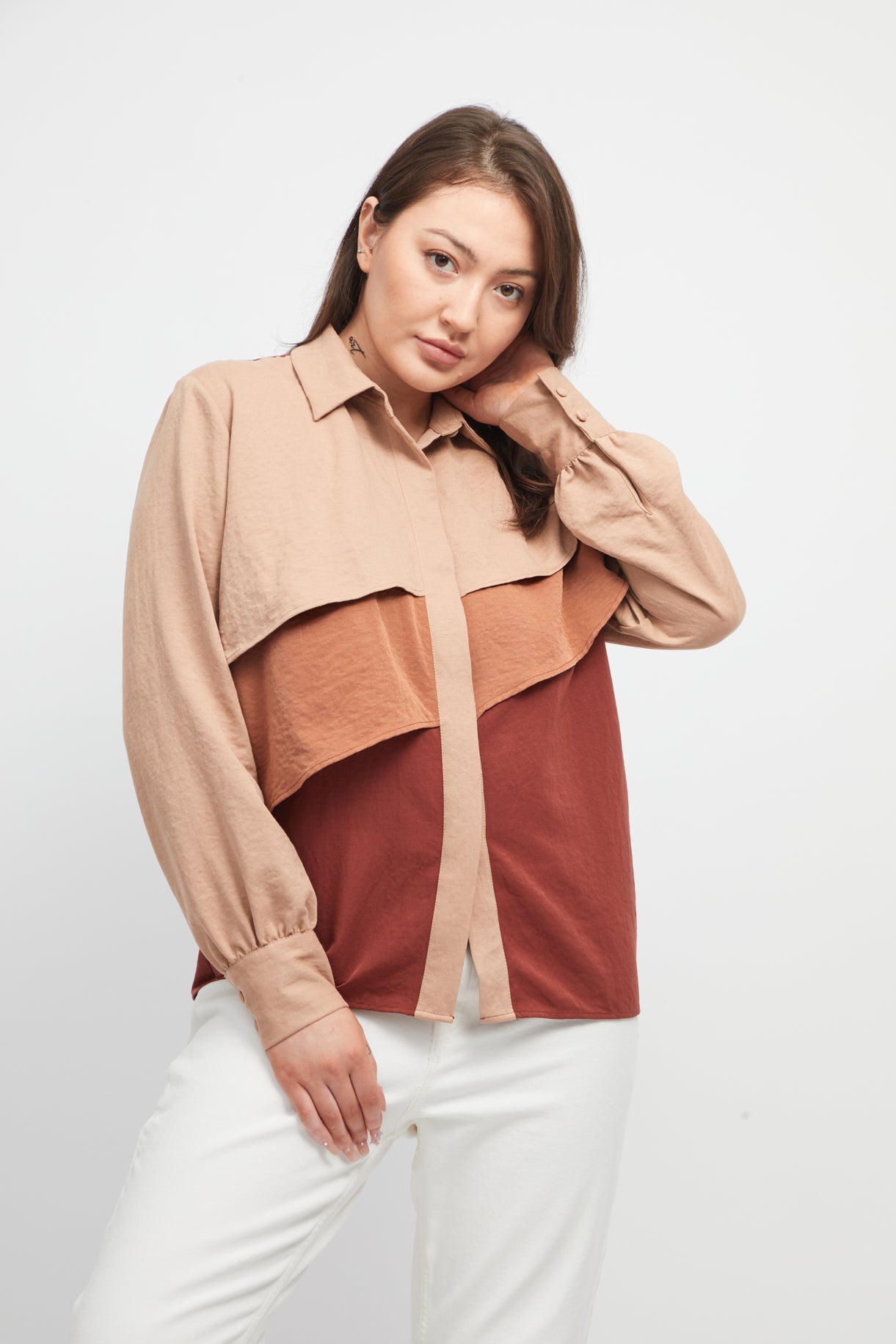 Khaki, Cinnamon, Caramel Gradient Color Block Long Sleeve Shirt with Double-Layer Ruffle Front Detail