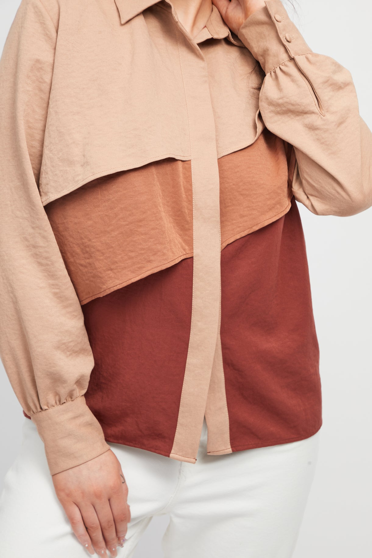 Khaki, Cinnamon, Caramel Gradient Color Block Long Sleeve Shirt with Double-Layer Ruffle Front Detail