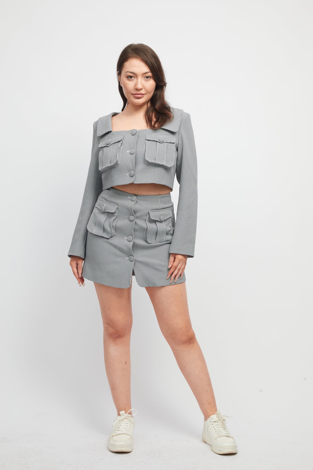 Black and White Houndstooth Square Neck Long Sleeve Top with 3D Pocket Detail, High Waist Mini Skirt Set