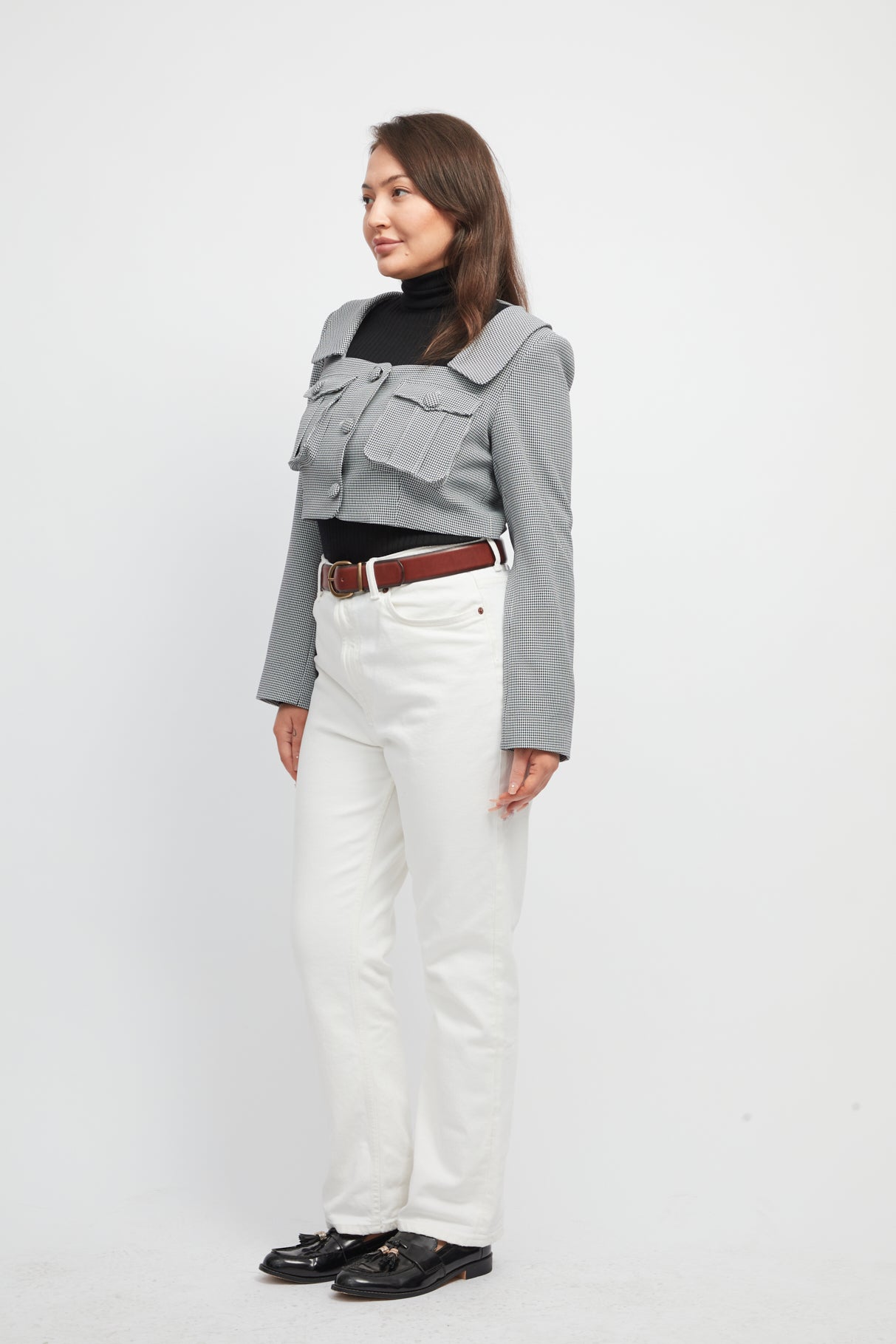 Black and White Houndstooth Square Neck Long Sleeve Top with 3D Pocket Detail, High Waist Mini Skirt Set