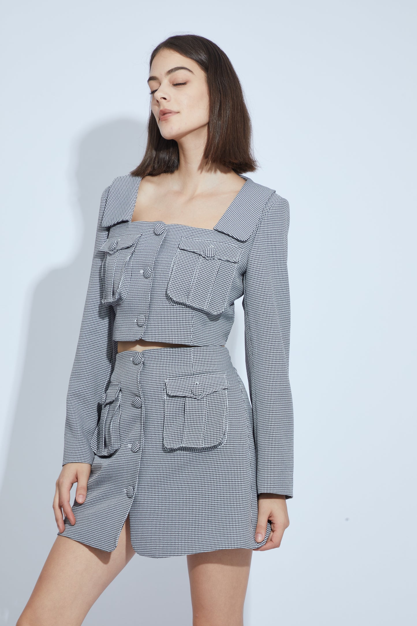 Black and White Houndstooth Square Neck Long Sleeve Top with 3D Pocket Detail, High Waist Mini Skirt Set